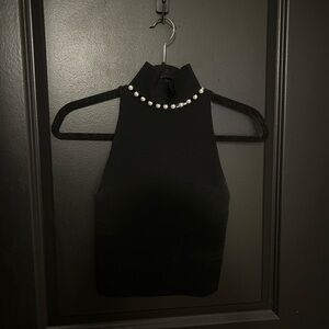 Alice and Olivia Black High Neck Top with Pearl Accents